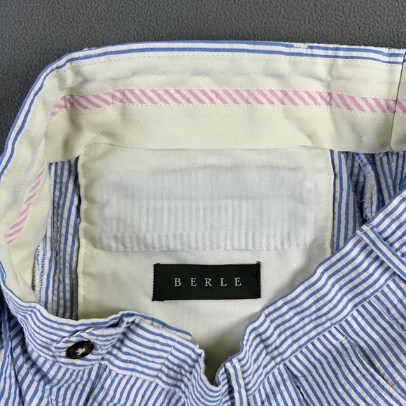 Berle Shorts Mens 34 Regular Blue Hickory Seersucker Pleated Prep Trad Outdoor - Picture 9 of 9